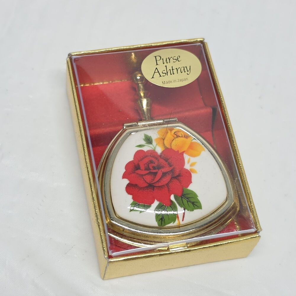 VTG 90's Ladies Silent Butler Purse Pocket Mini Ashtray Brass Porcelain Roses
